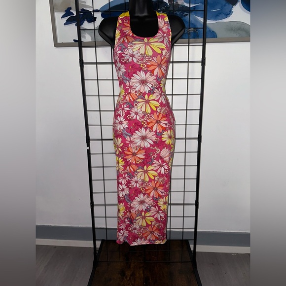 Pink Floral Cut Out Yellow Self Tie Back Closure Midi Dress - Picture 10 of 15